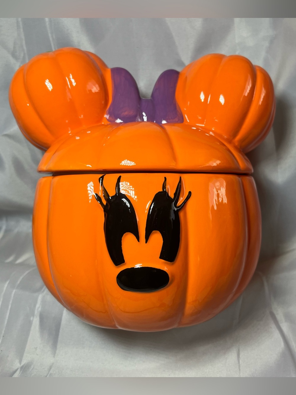 Disney Orange Pumpkin Minnie Ceramic Candy Jar with Purple Bow